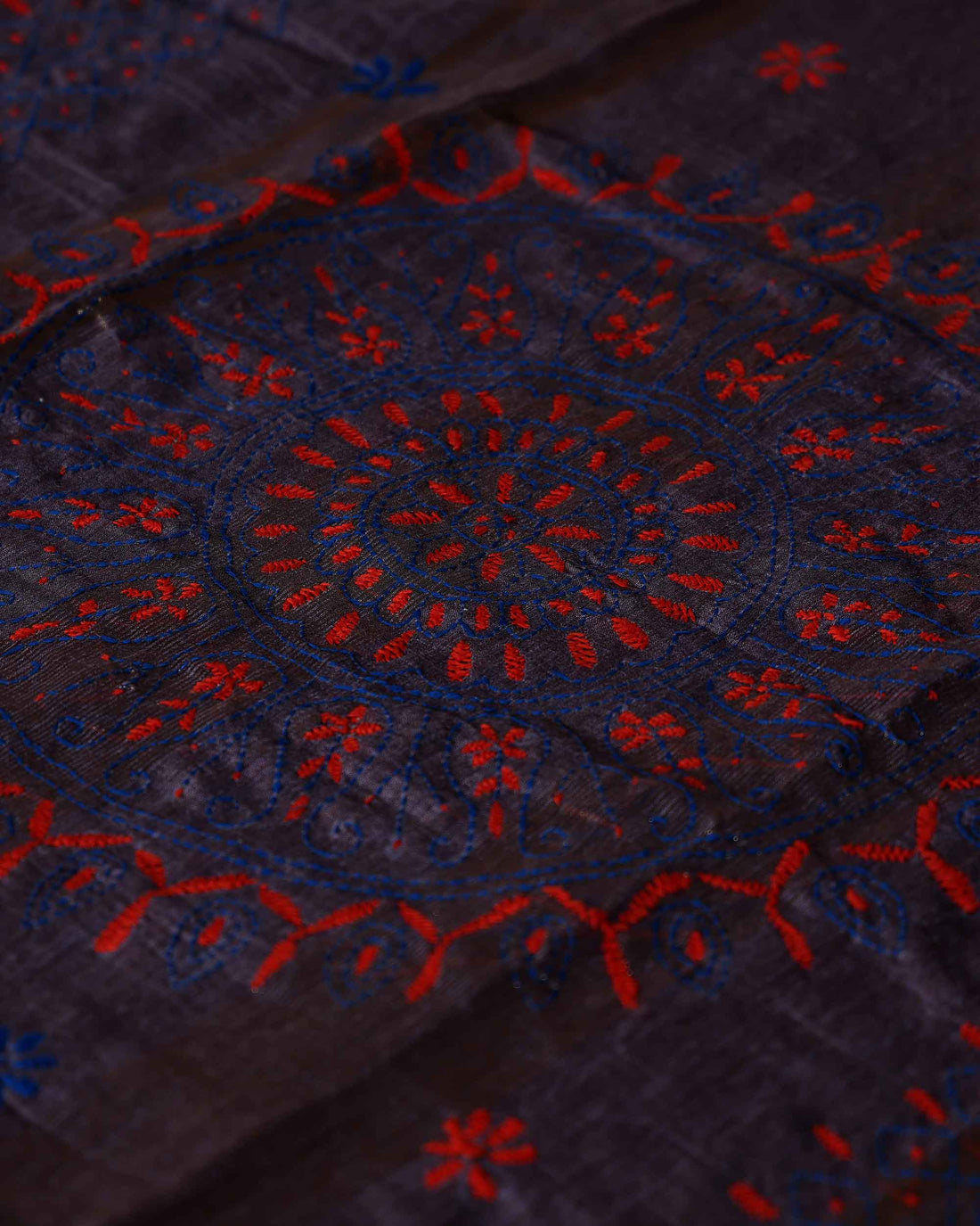 Elegant Kantha Hand Embroidered Saree with Intricate Floral Motif and Contrast Border - Dusty Purple