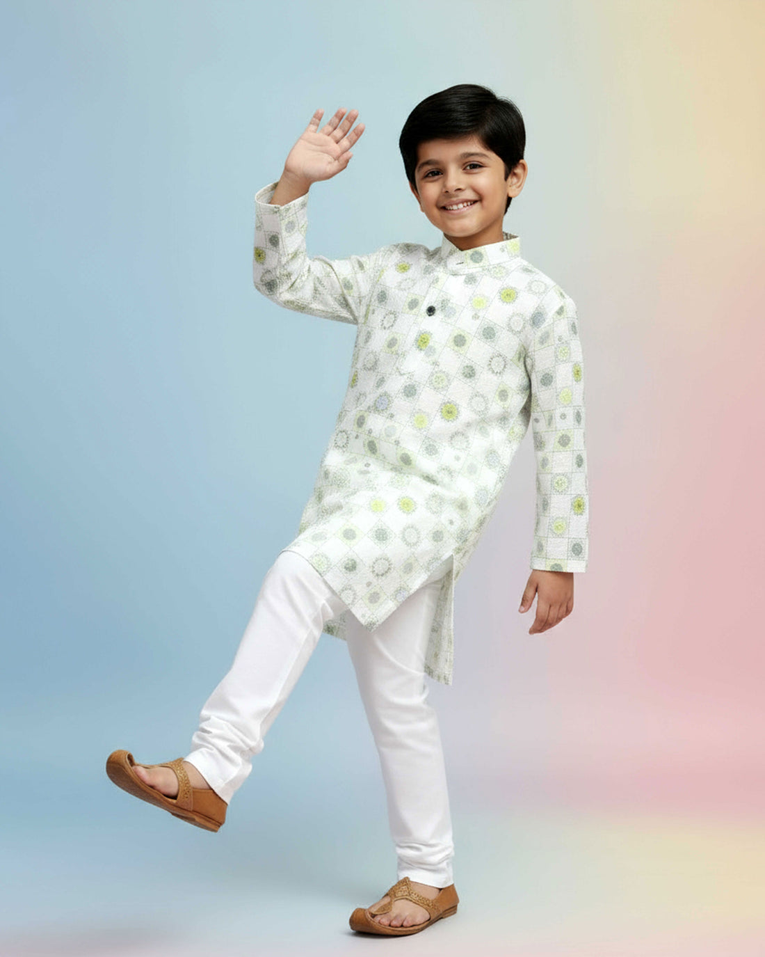Boys White kurta with green floral and geometric prints, paired with white Pant