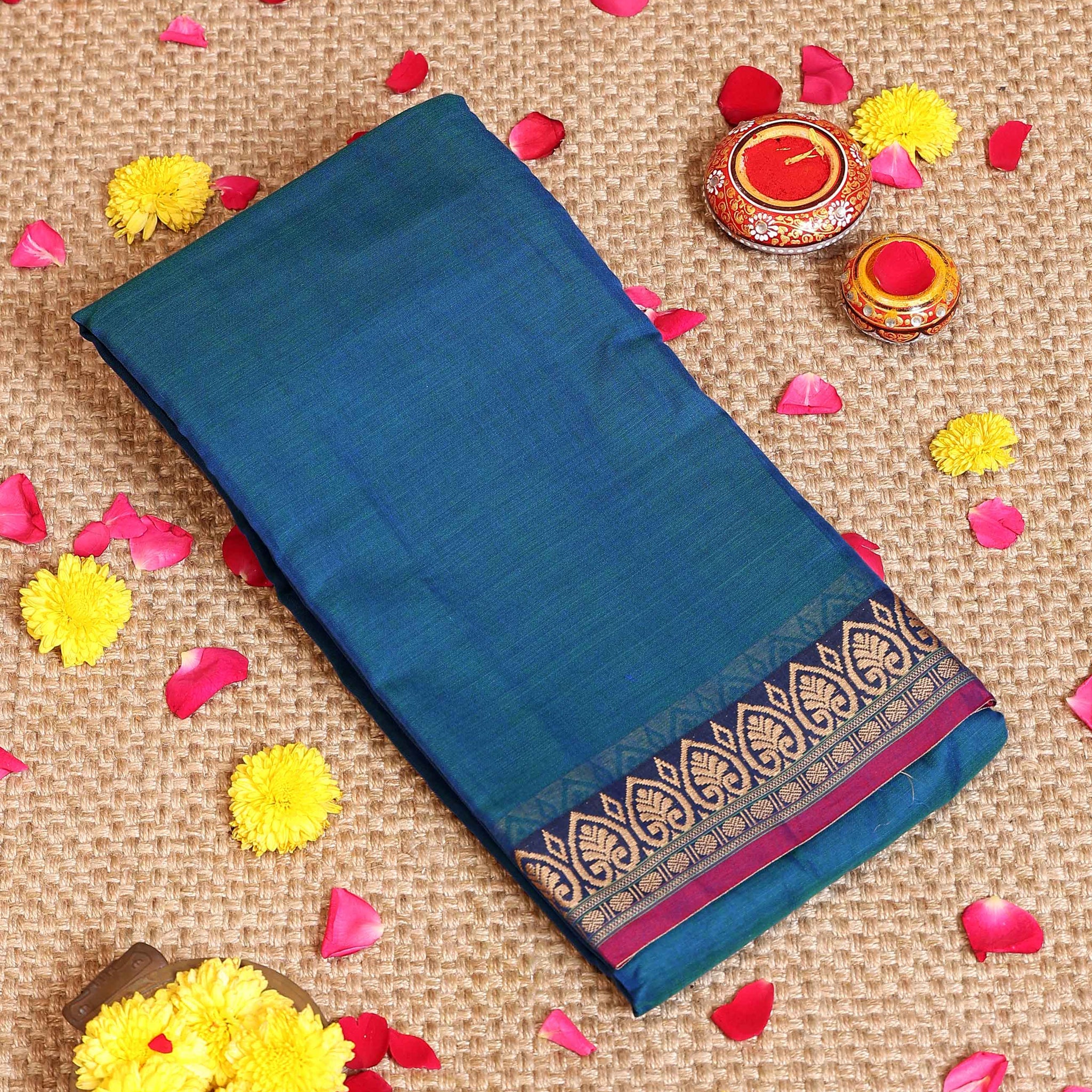 Traditional Handloom Narayanpet Cotton Saree with Intricate Woven Temple Border - Blue