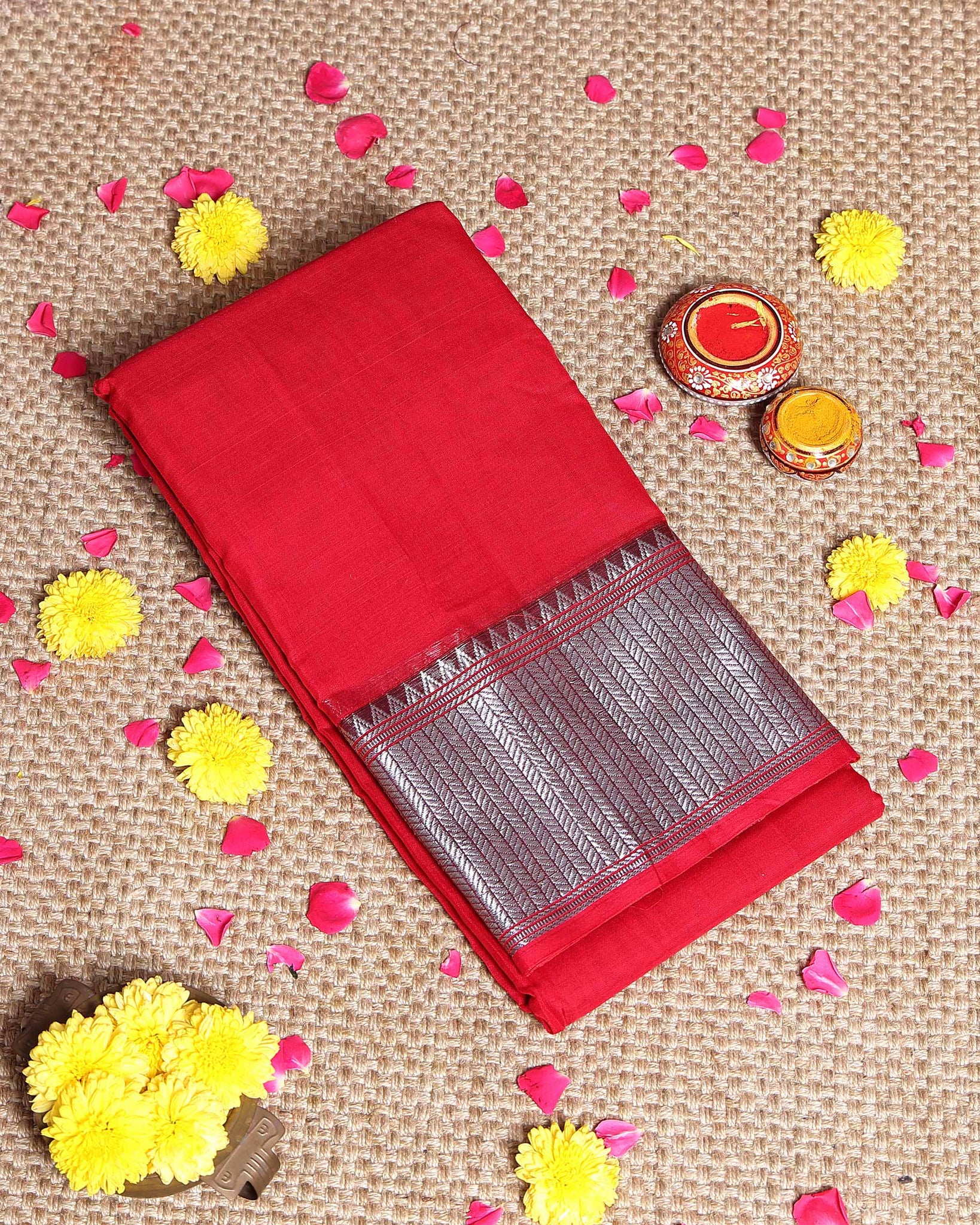 Traditional Handloom Narayanpet Cotton Saree with Traditional Woven Border - Red