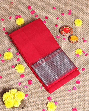 Traditional Handloom Narayanpet Cotton Saree with Traditional Woven Border - Red