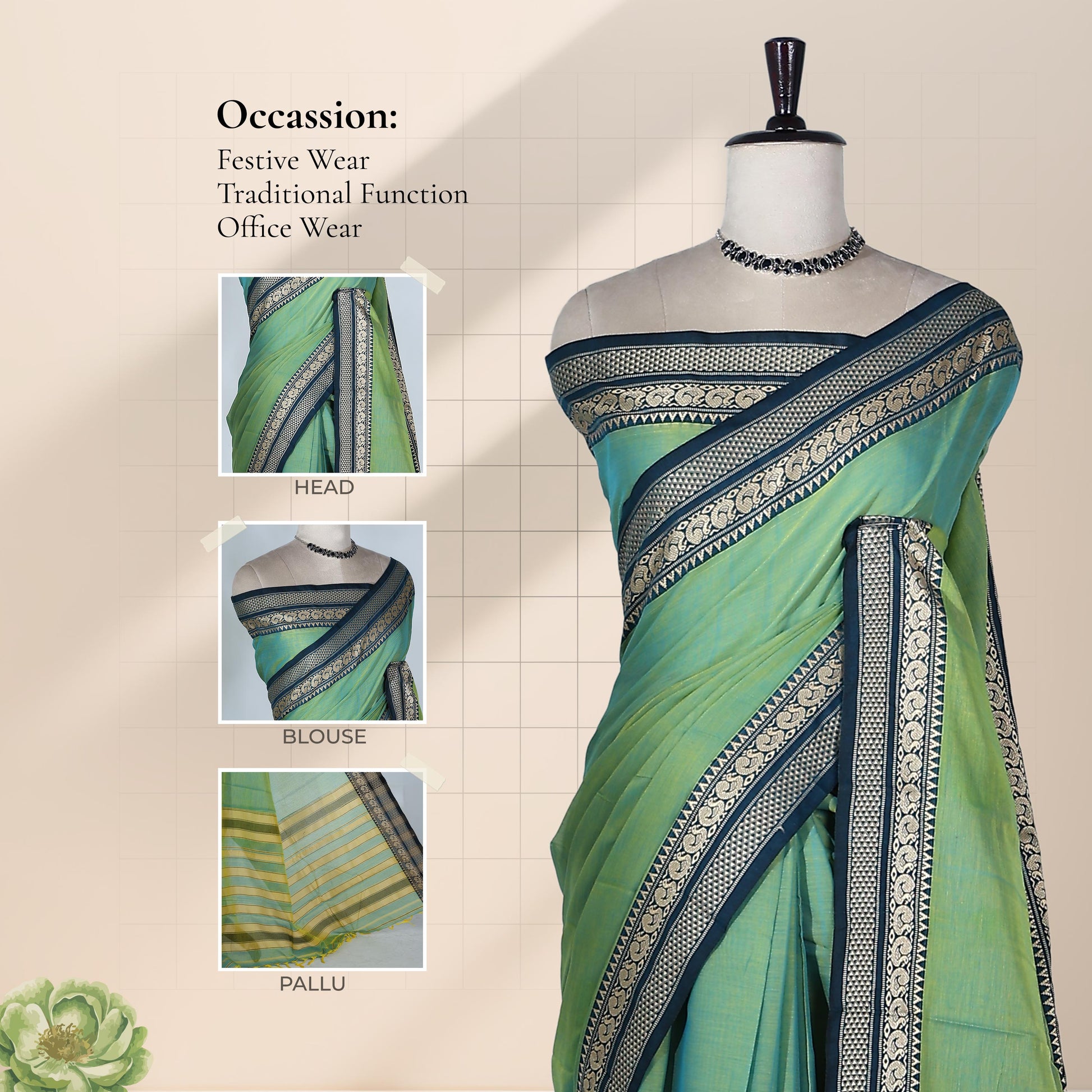 Traditional Mangalagiri Cotton Saree With Peacock Zari Woven Black Border In Green Shade, Draped Front View