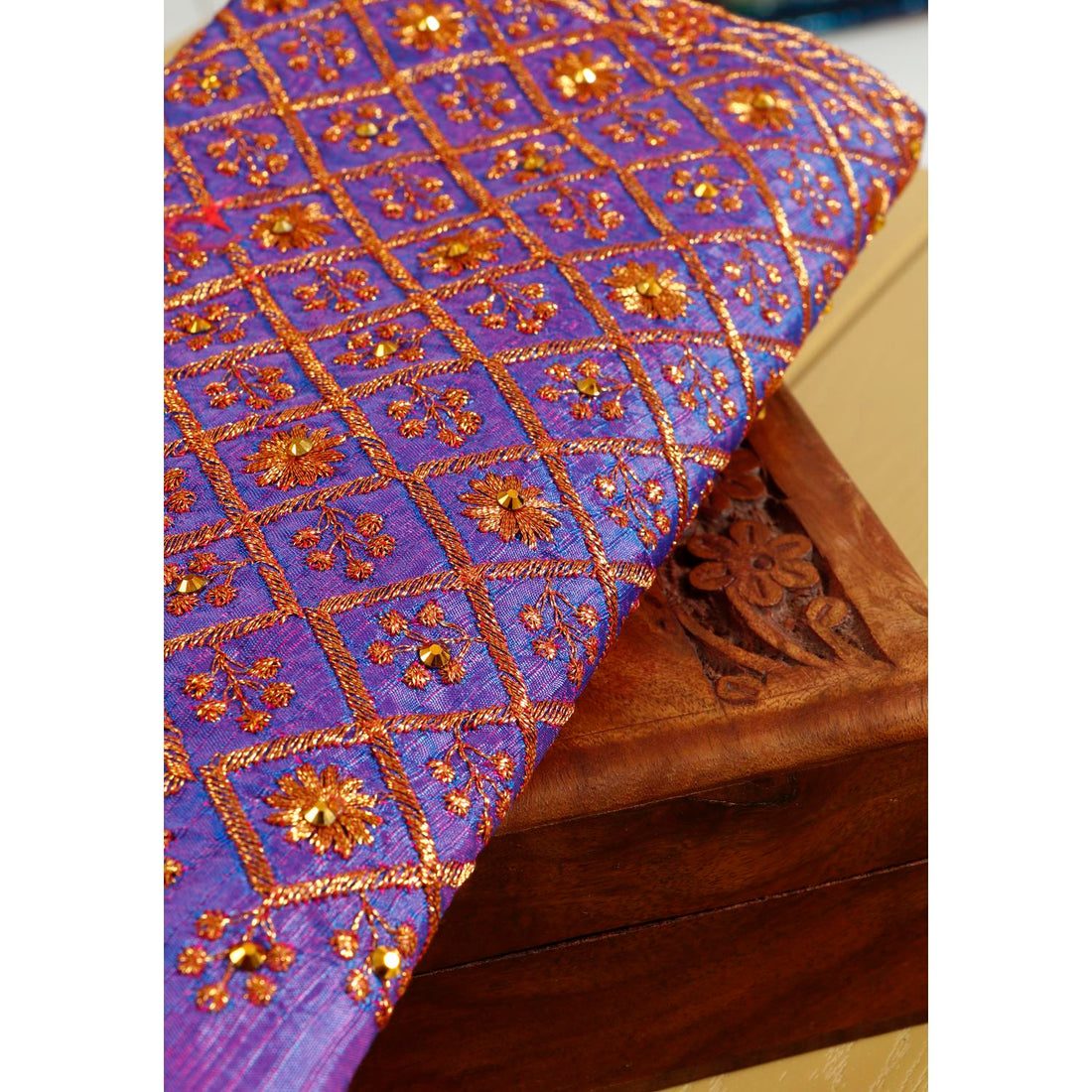 Unstitched Blouse Material with Orange & Gold Embroidered Diamond Pattern - Blue