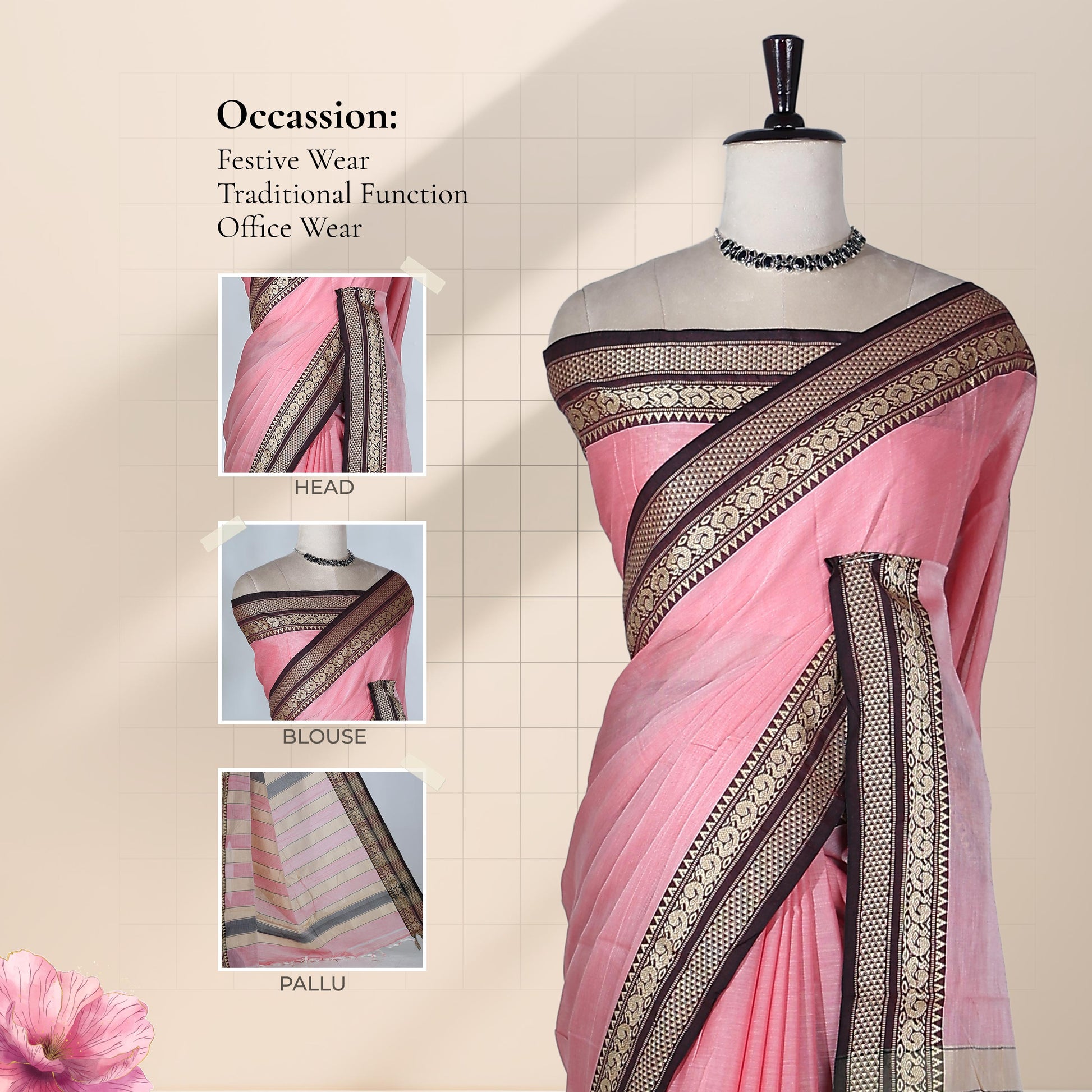 Traditional Mangalagiri Cotton Saree With Peacock Zari Woven Maroon Border In Pink Shade, Draped Front View