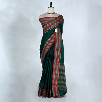 Dark Green Mangalagiri Cotton Saree for Women | Festive Summer Collection | Jeyachandran - Full View
