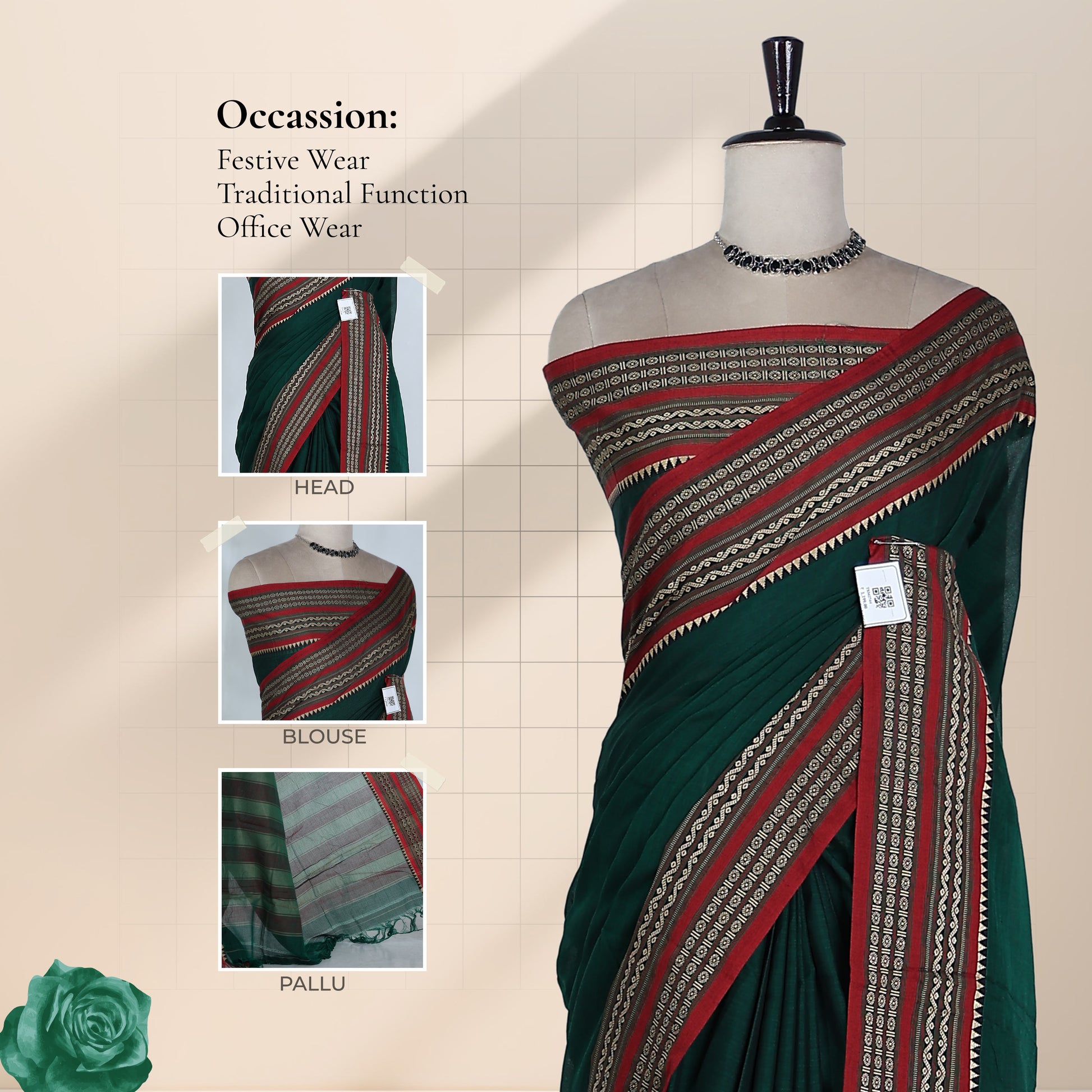 Dark Green Mangalagiri Cotton Saree With Elegant Contrast Border Matching Running Blouse Piece And Striped Pallu With Traditional Woven Designs