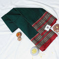 Dark Green Mangalagiri Cotton Saree With A Solid Body And Traditional Woven Contrast Border Featuring Geometric And Floral Motifs
