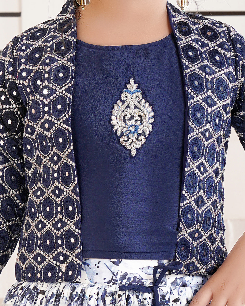 Girls Kids Ethnic Wear Lehenga Choli Set with Embellished Choli and Printed Skirt with Dupatta  - Blue