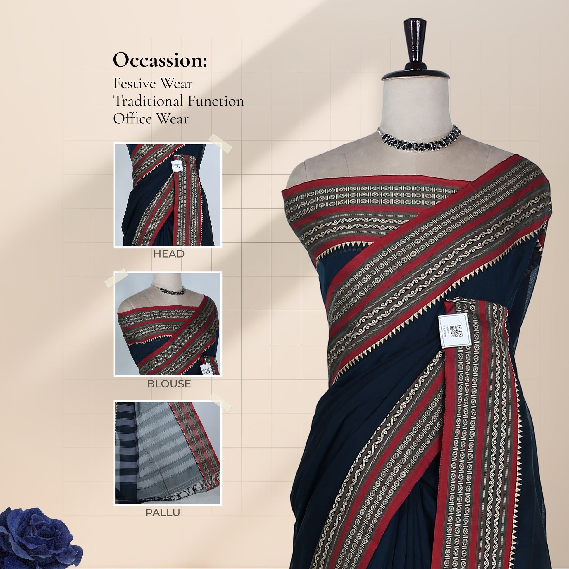 Navy Blue Mangalagiri Cotton Saree With Elegant Contrast Border Matching Running Blouse Piece And Striped Pallu With Traditional Woven Designs