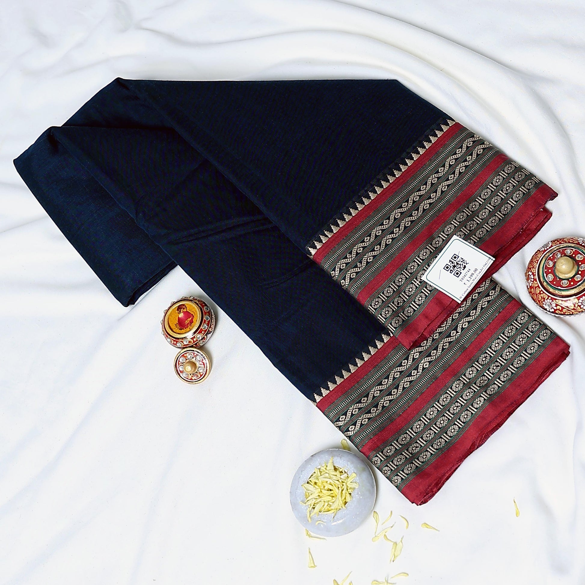 Navy Blue Mangalagiri Cotton Saree With A Solid Body And Traditional Woven Contrast Border Featuring Geometric And Floral Motifs
