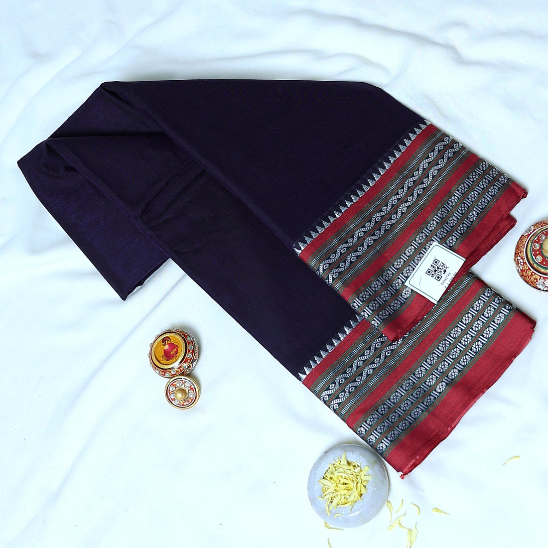 Dark Blue Mangalagiri Cotton Saree for Women | Festive Summer Collection | Jeyachandran - Full View