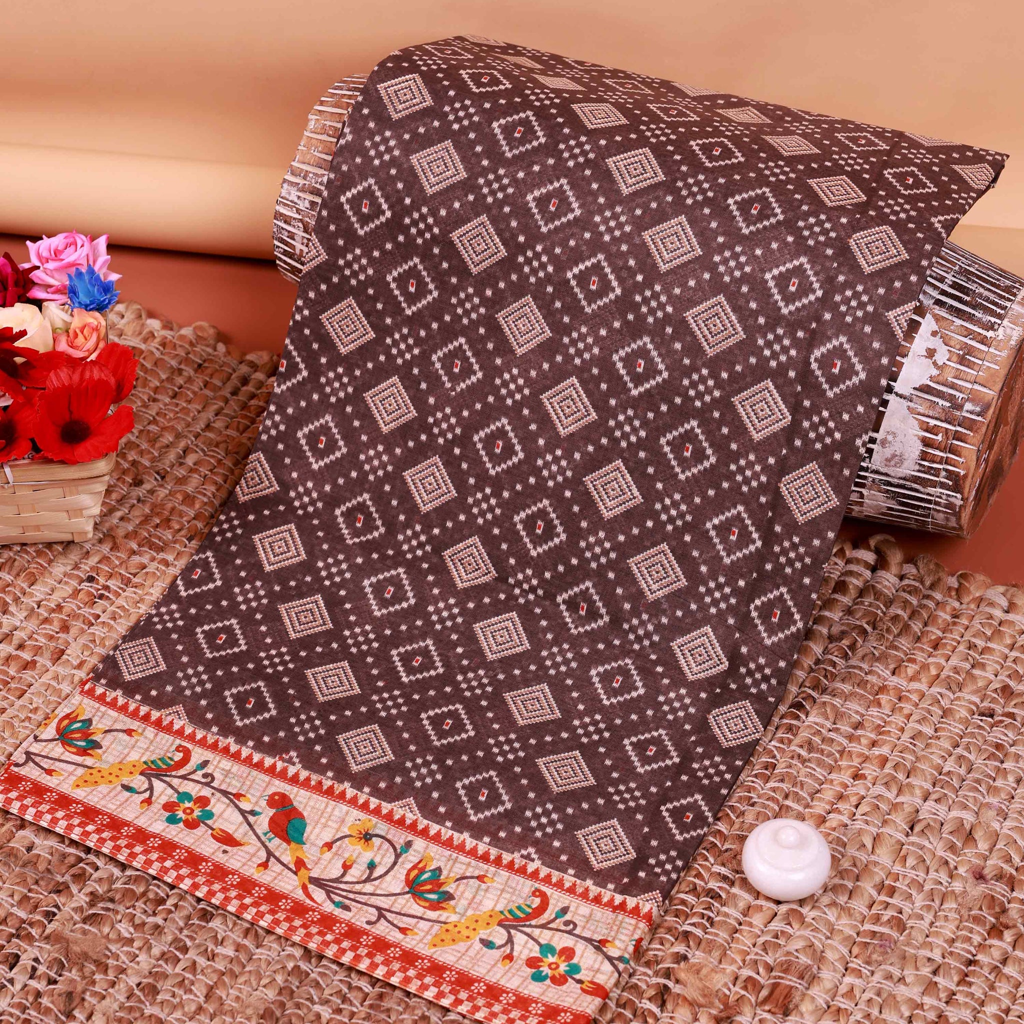 All-Over Floral Printed Voile Saree with Intricate Contrast Border – Brown