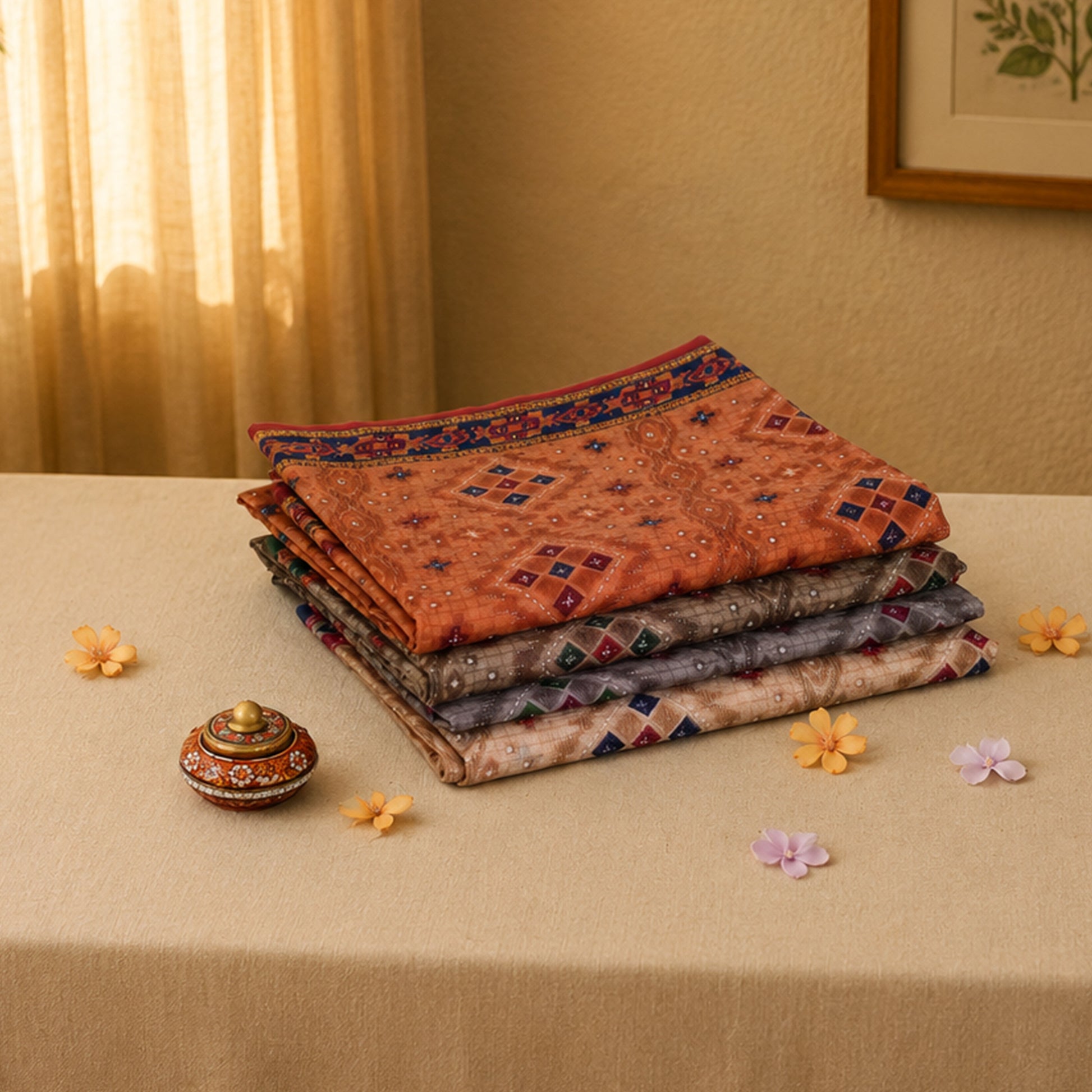 Voile cotton saree collection stack with geometric ethnic prints in rust orange and neutral tones close up view