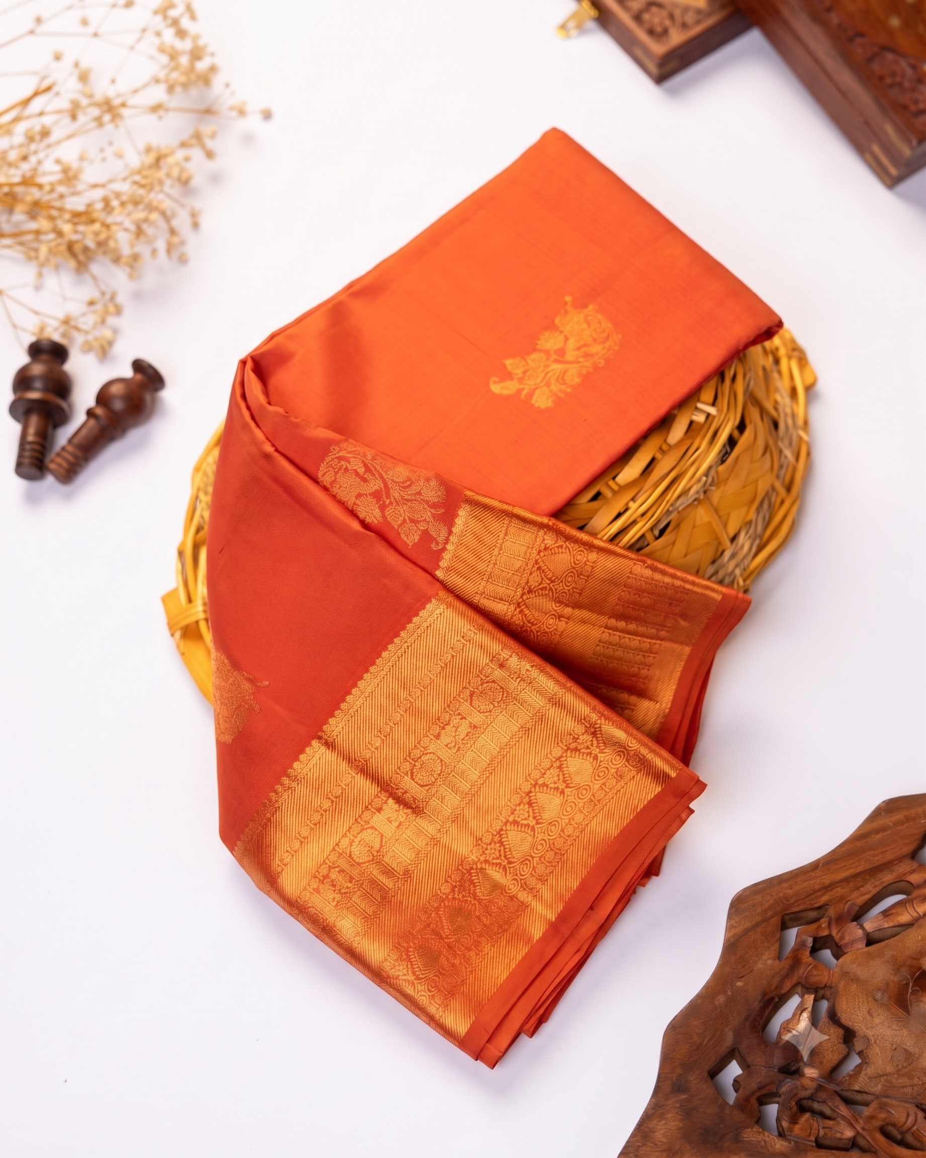 Elegant Kanchipuram Pure Silk Saree with Rich Zari Woven Border and Traditional Temple Motifs - Orange