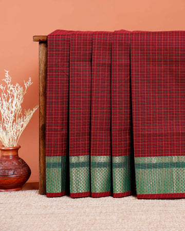Handloom Chettinad Cotton Saree with Checked and Zari Border - Maroon