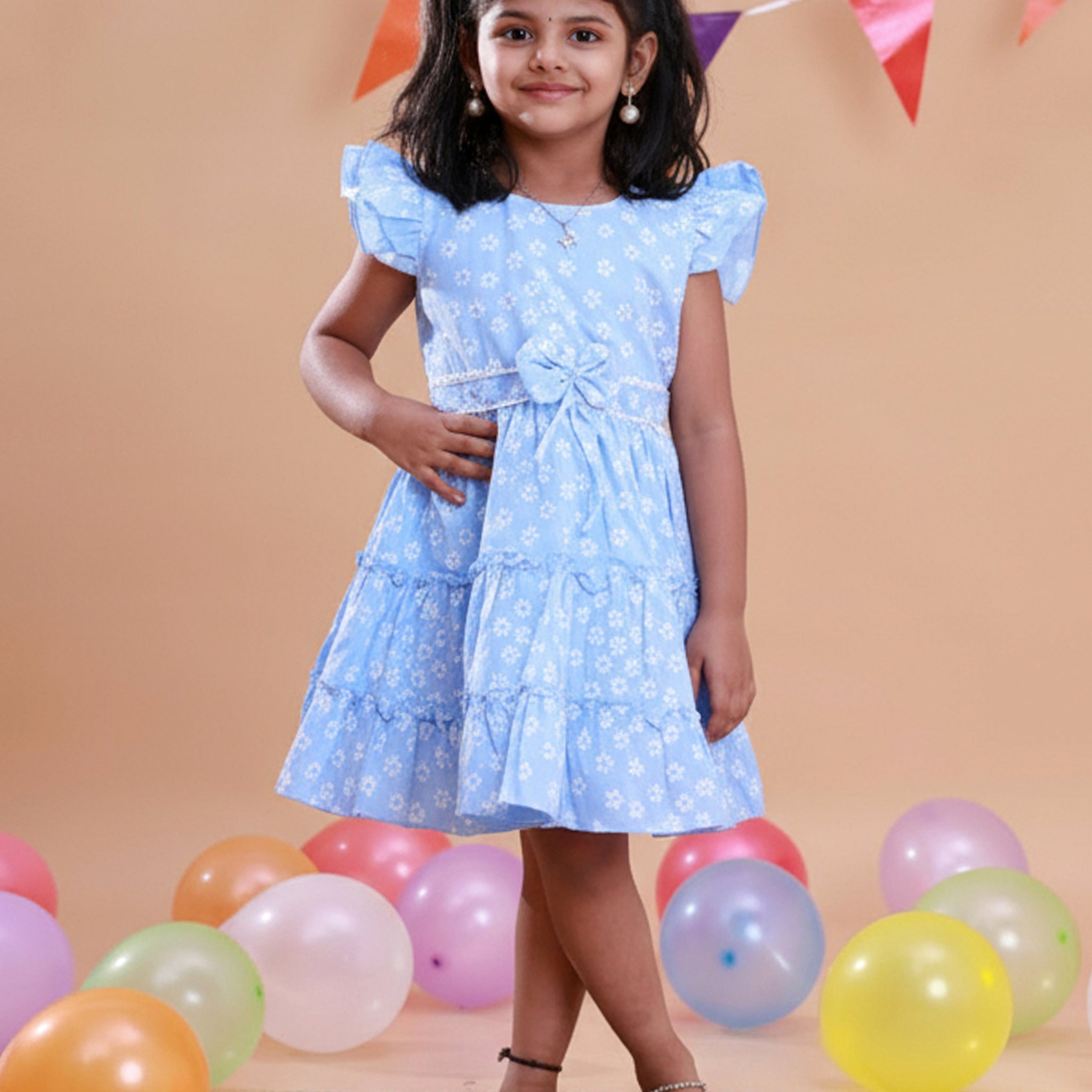 Elegant Kids' Party Wear Frock with Floral Print - Blue