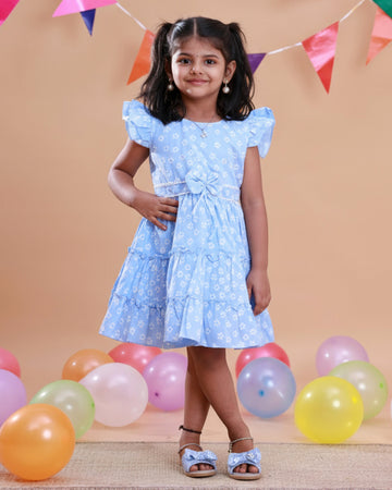 Elegant Kids' Party Wear Frock with Floral Print - Blue
