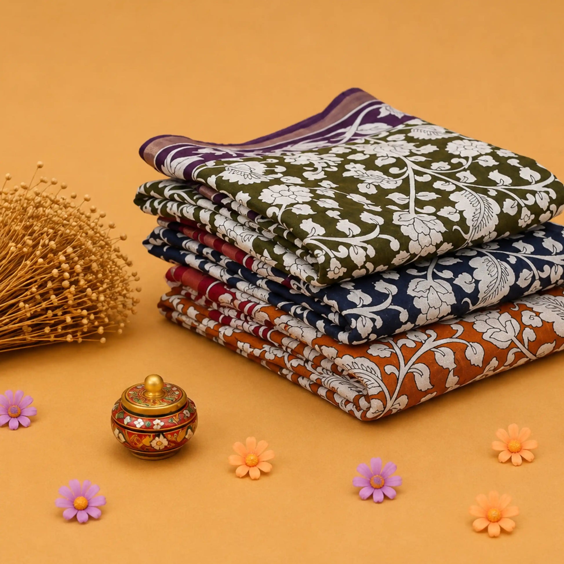 Semi Chanderi saree with white floral print in green, navy and yellow colors folded stack front view