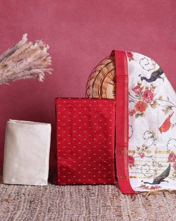 Women’s Unstitched Salwar Suit Dress Material Set with Woven Butta Top 2.5 Mtr, Solid Pant 2 Mtr & Printed Dupatta 2.25 Mtr - Dark Red