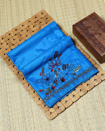 Elegant Hand Embroidered Floral Women’s Blouse Material with Intricate Thread Work Border - Blue