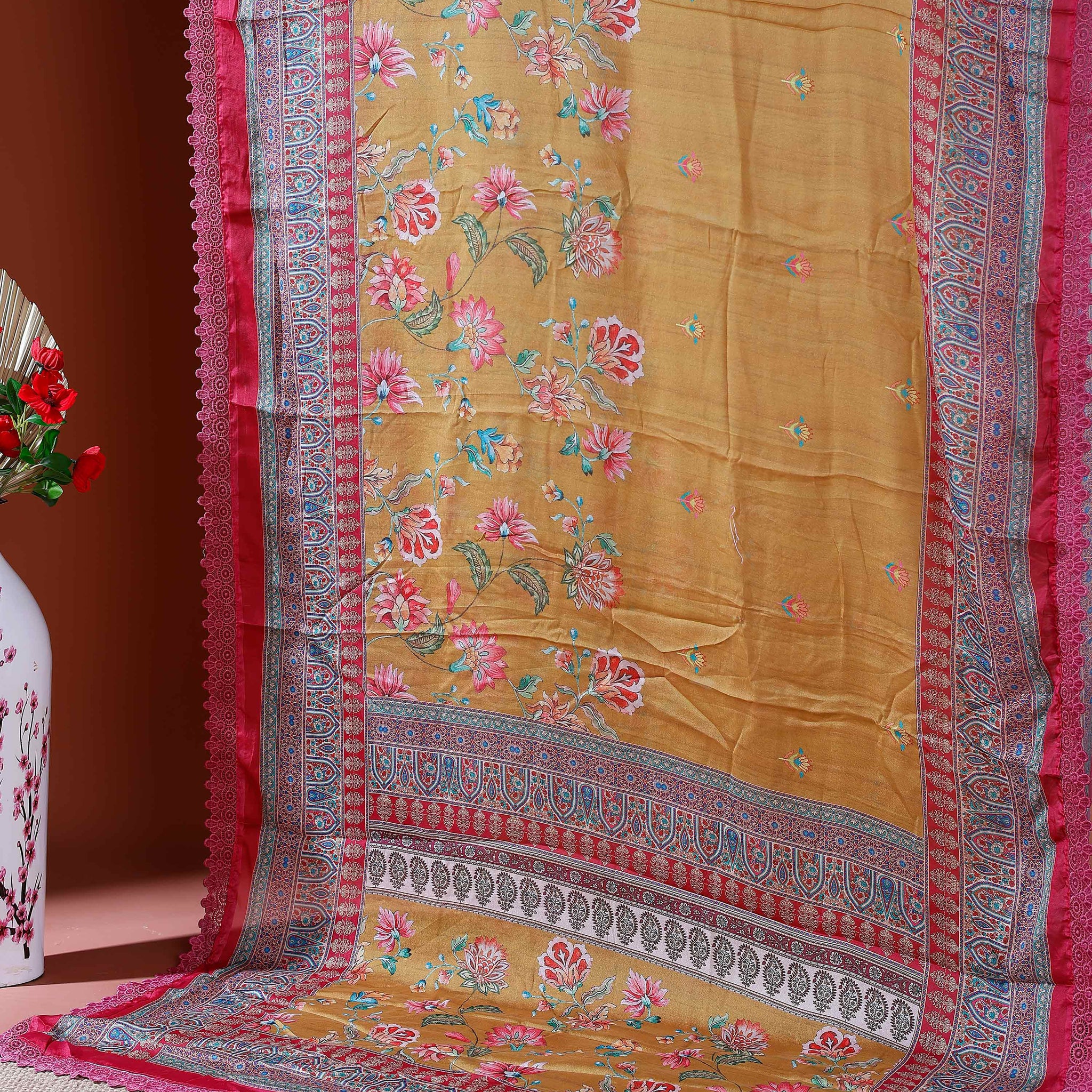 Elegant Georgette Saree with Intricate Floral Embroidery and Traditional Patterned Border - Mustard