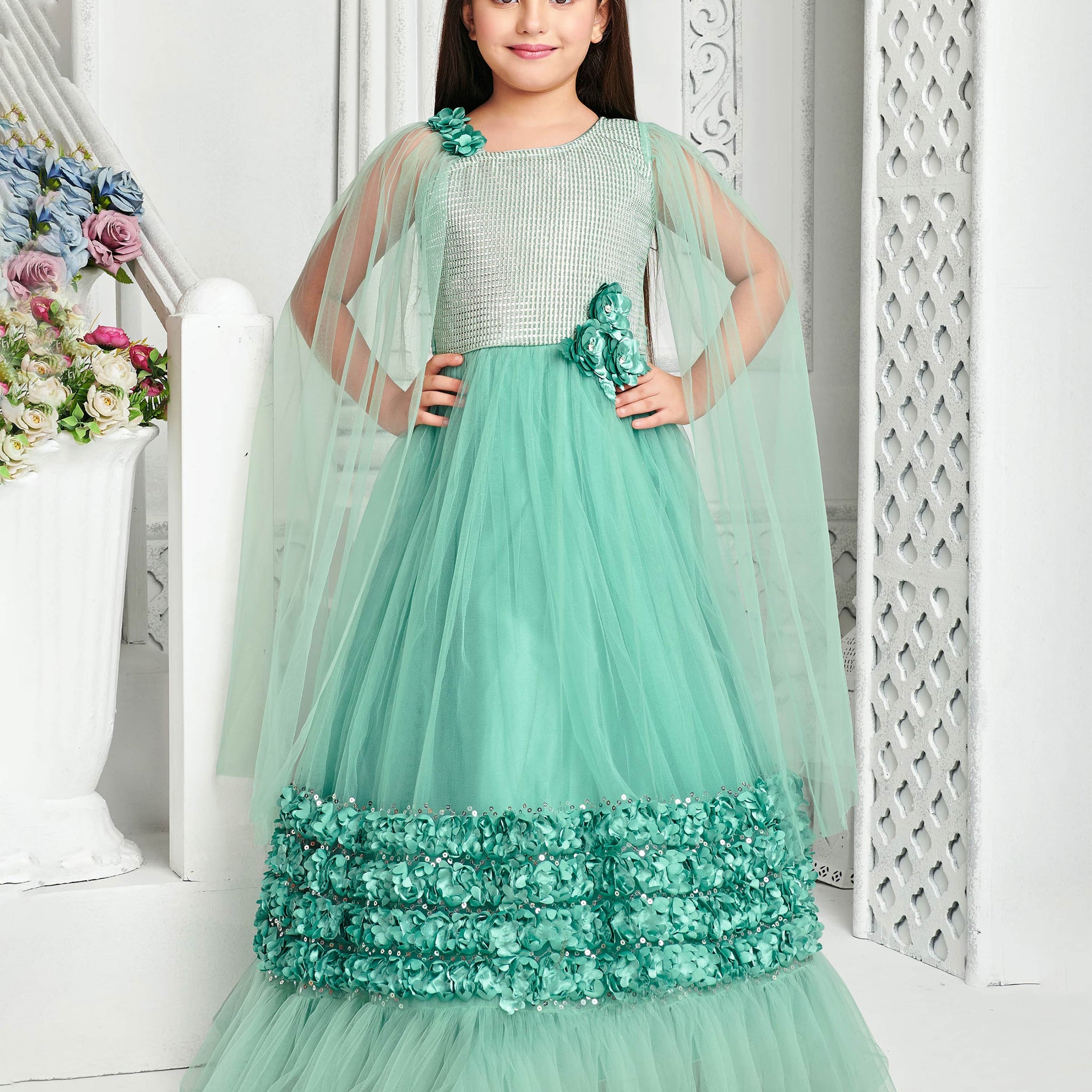 Green Colored Embroidery And Embellishments Work Frock