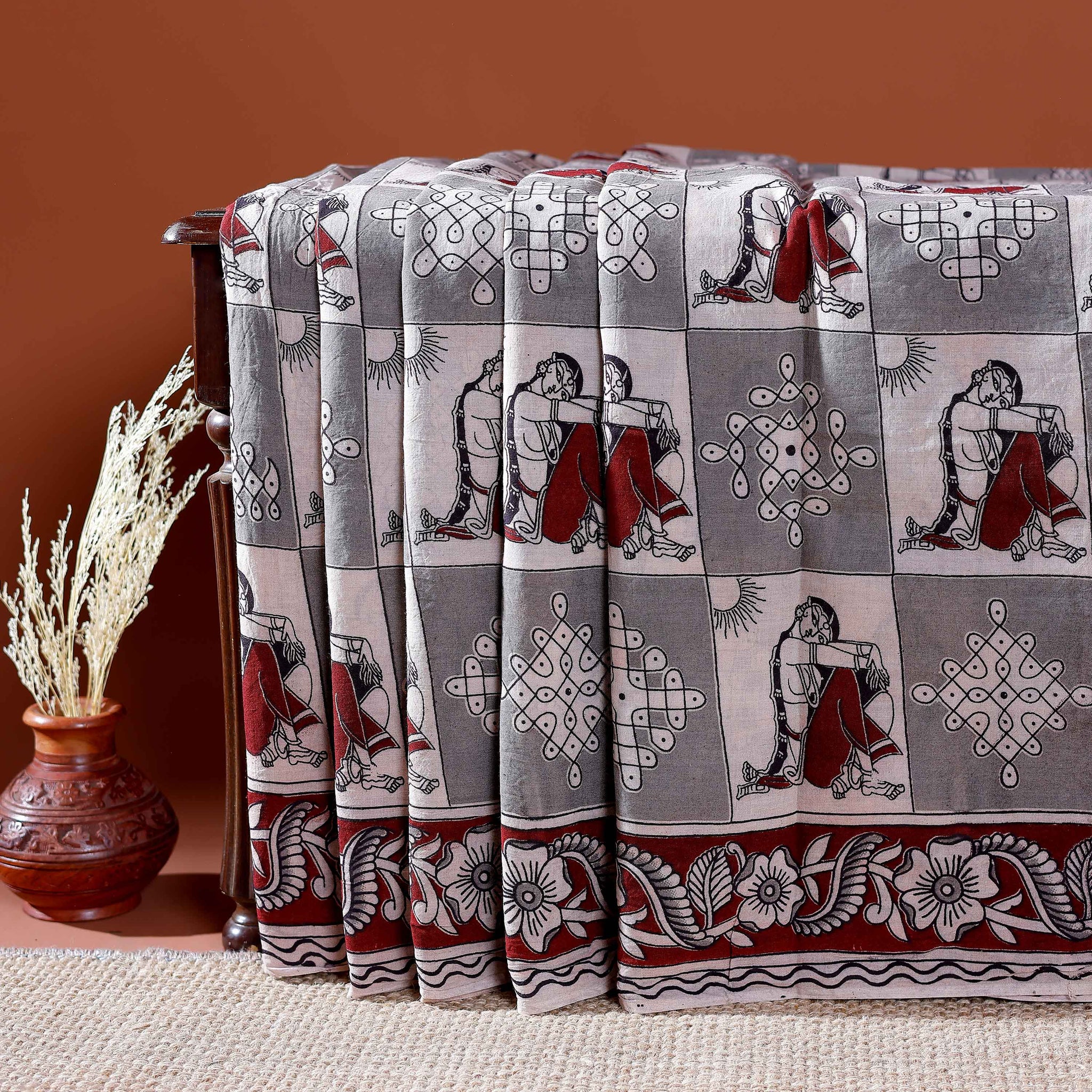 Traditional Handloom Kalamkari Cotton Saree with Intricate Floral and Avian Motifs - Grey