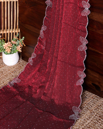 Elegant Embellished Fancy Saree with Delicate Butterfly Patterned Lace Border - Maroon