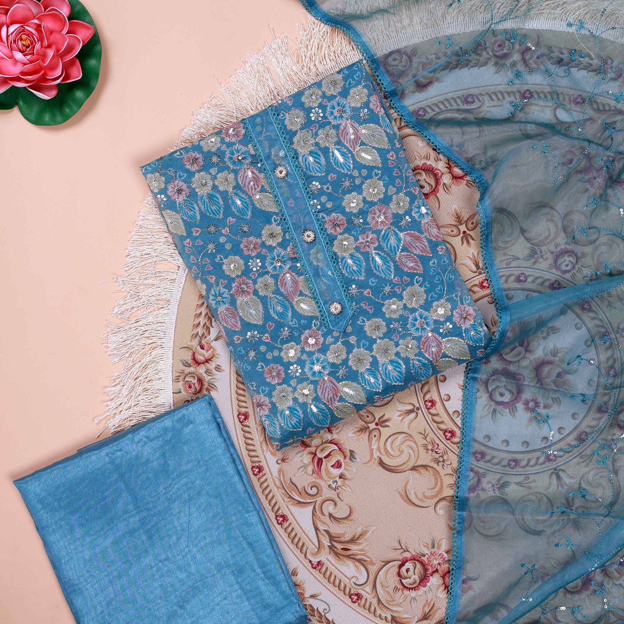Women's Elegant Floral Embroidered Churidar Set with Sheer Dupatta - Blue