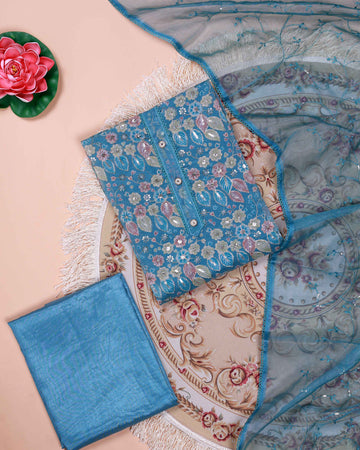 Women's Elegant Floral Embroidered Churidar Set with Sheer Dupatta - Blue