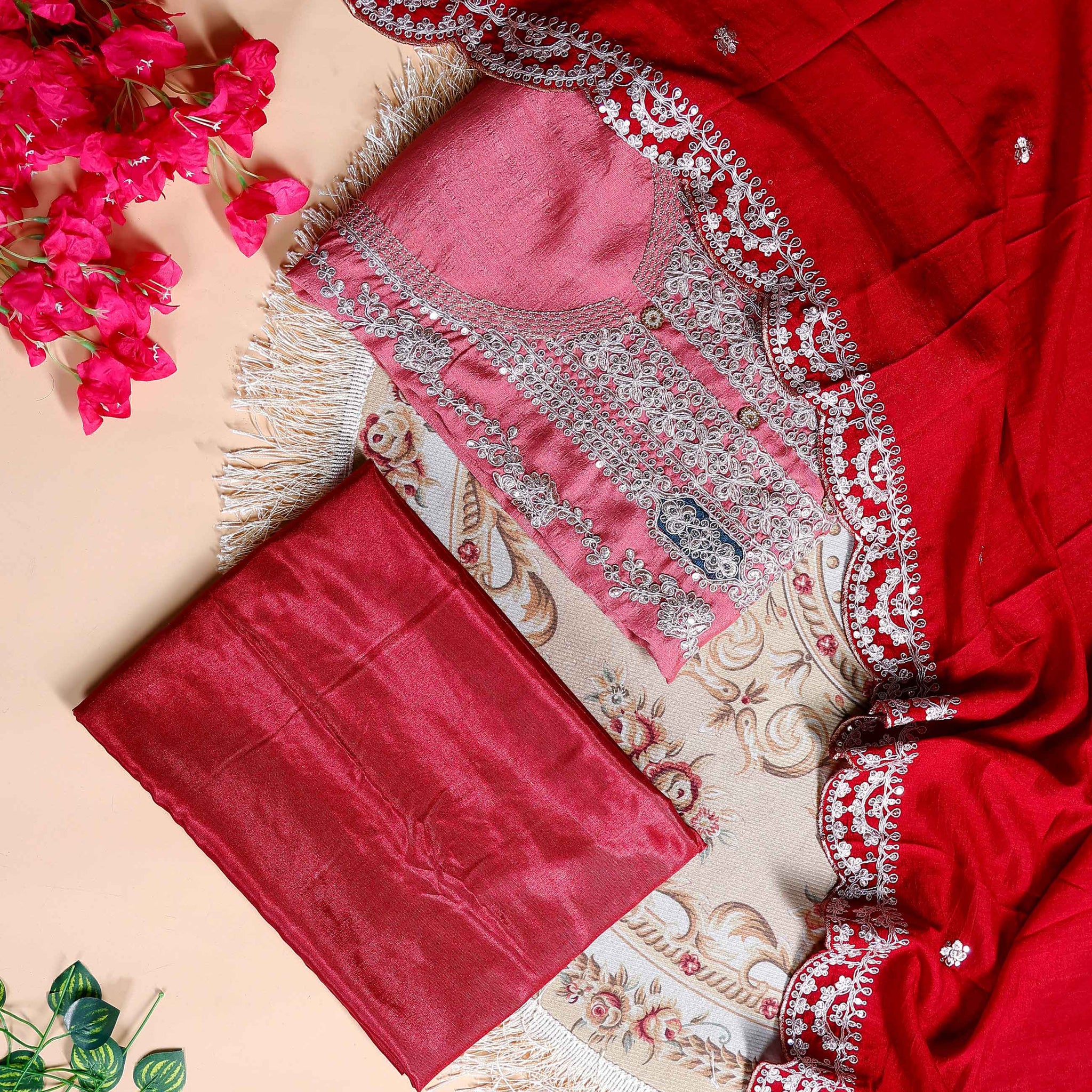 Women's Embroidered Unstitched Salwar Suit Material with Sequins and Scalloped Dupatta Border- Pink