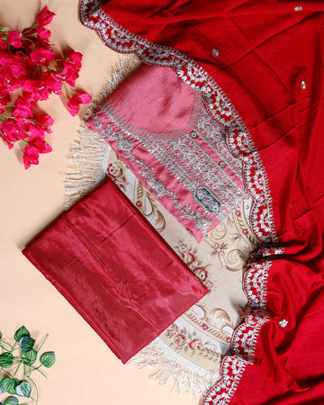 Women's Embroidered Unstitched Salwar Suit Material with Sequins and Scalloped Dupatta Border- Pink