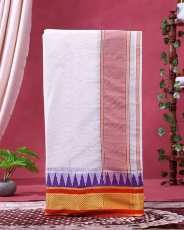 Men’s Traditional Handloom 10*6 Meter Cotton Dhoti with Gold Border - Off White