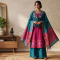 Pink Salwar Material Set With Blue Pants Fabric And Colorful Ikat Dupatta Full Length Front View