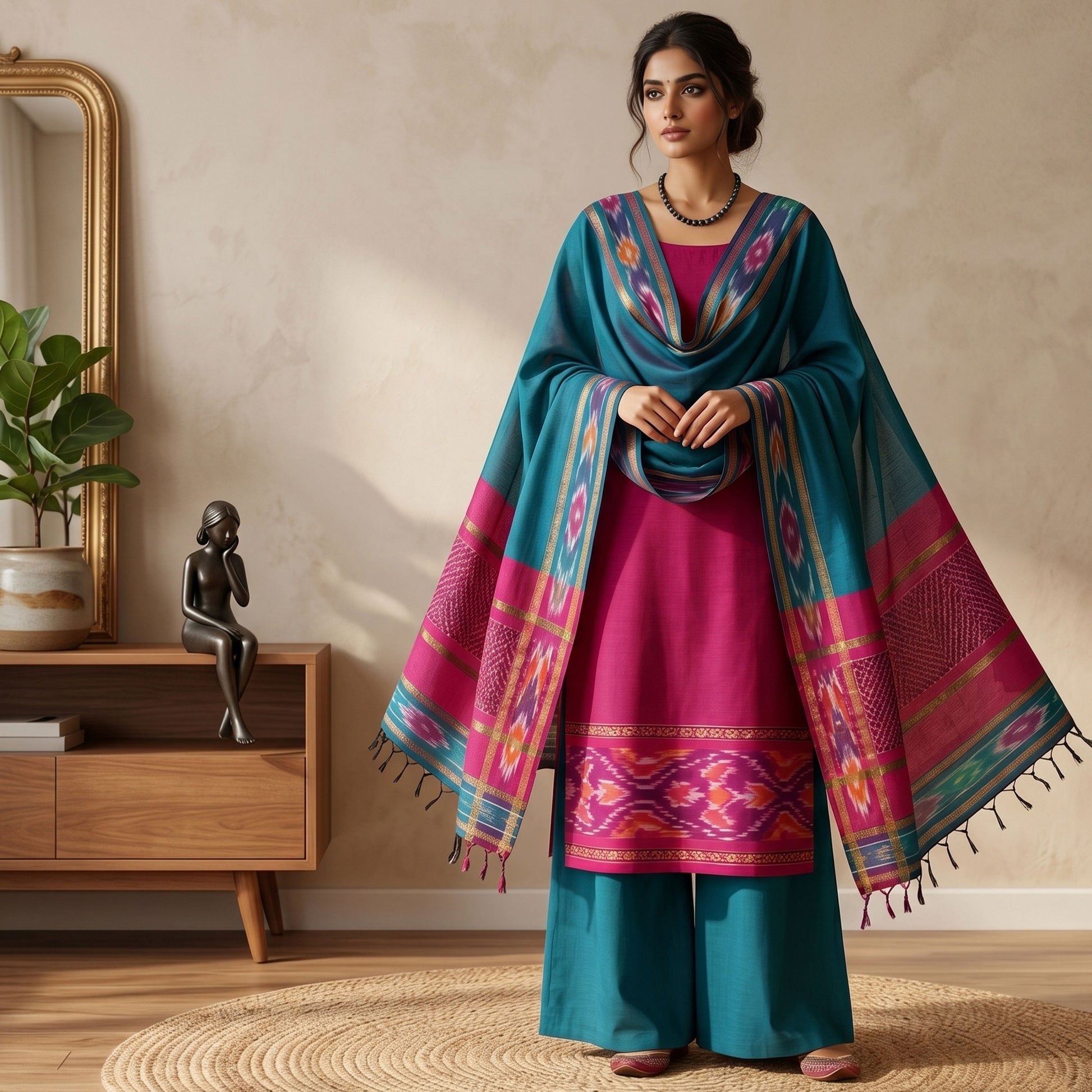 Pink Salwar Material Set With Blue Pants Fabric And Colorful Ikat Dupatta Full Length Front View