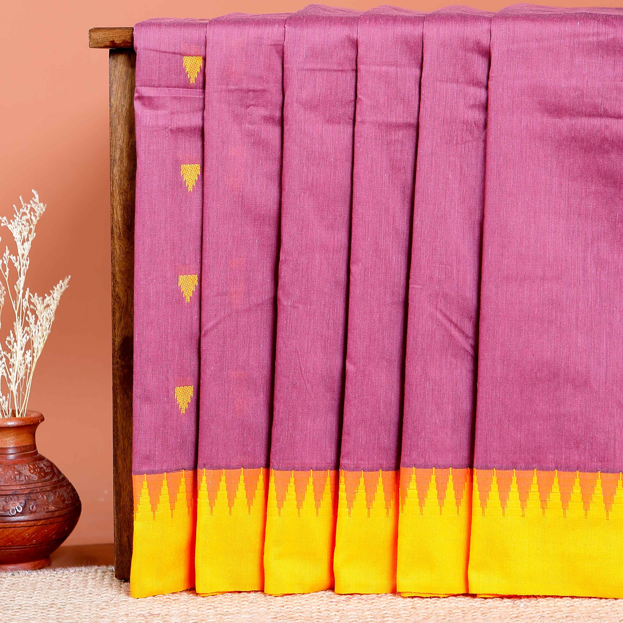 Handloom Kalyani Cotton Saree with Temple Border & Buti Motifs - Onion Pink