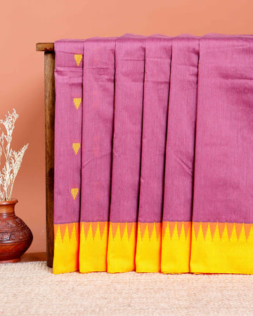 Handloom Kalyani Cotton Saree with Temple Border & Buti Motifs - Onion Pink