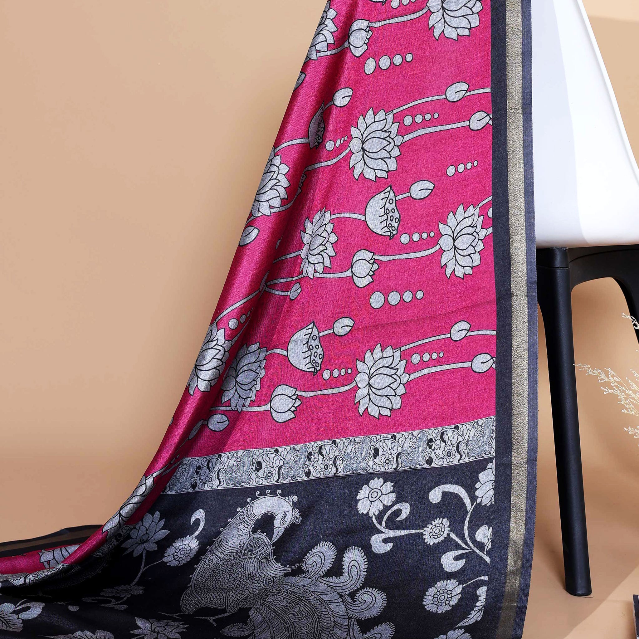 Elegant Semi Chanderi Saree with Traditional Kalamkari Handcrafted Motifs and Intricate Zari Border -  Pink
