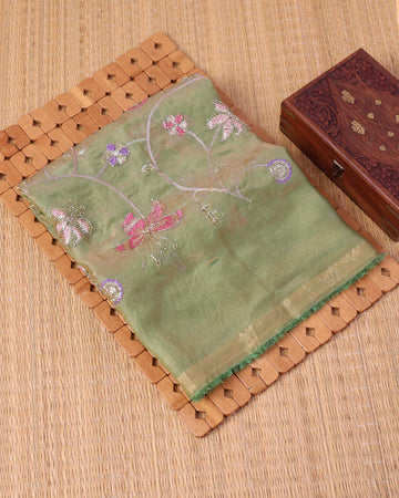 Elegant Women’s Blouse Material with Intricate Floral Vine Embroidery Sequin Work - Olive Green