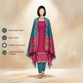 Pink Salwar Suit Material With Blue Bottom Fabric And Colorful Ikat Dupatta - Front View
