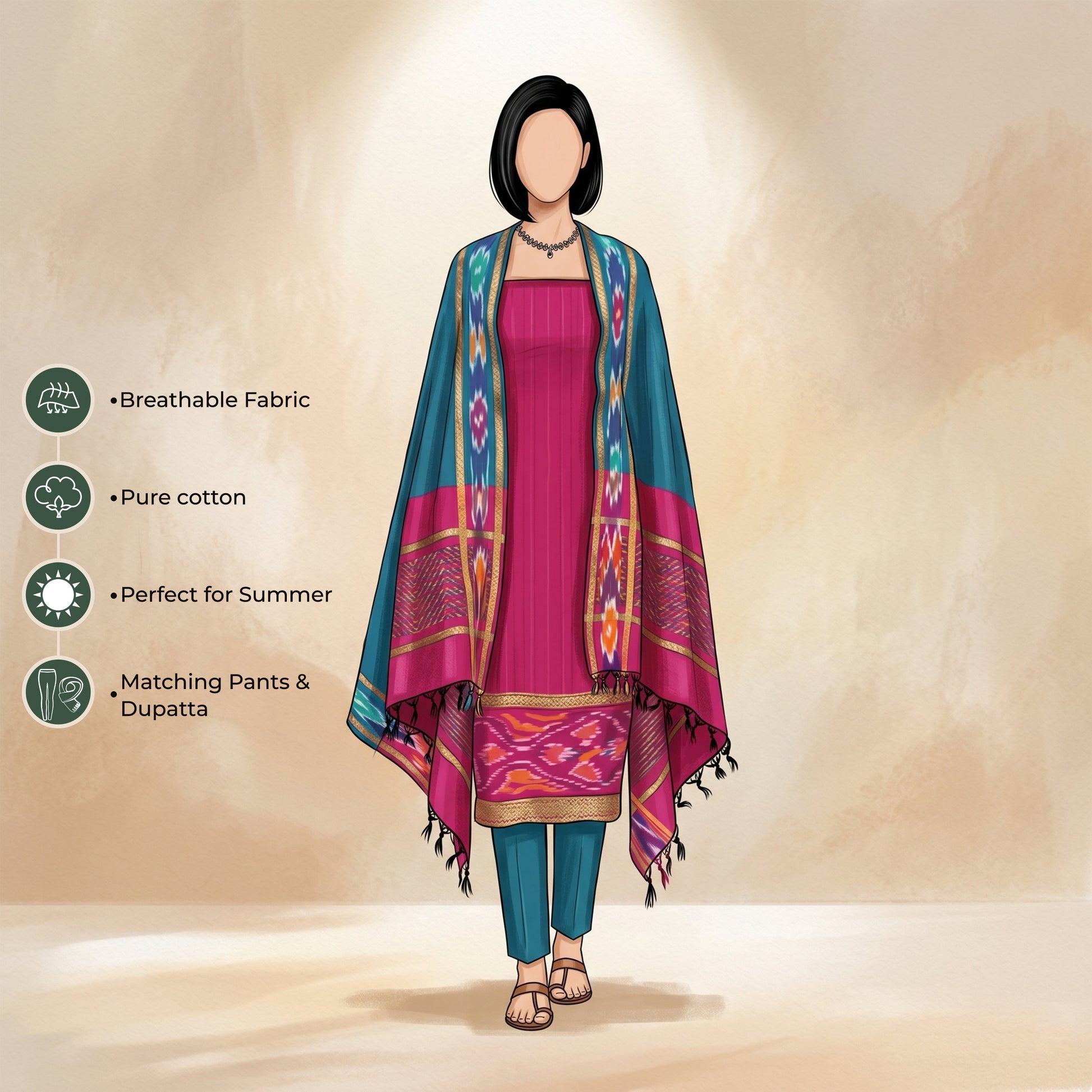 Pink Salwar Suit Material With Blue Bottom Fabric And Colorful Ikat Dupatta - Front View

