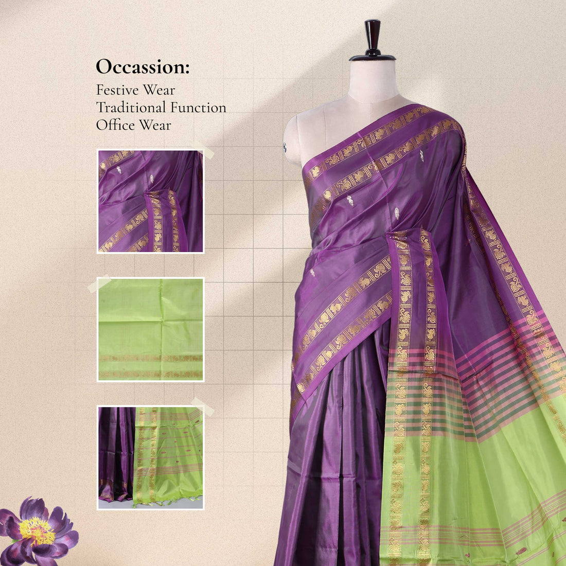 Purple Banana Pith Semi Silk Saree for Women | Wedding & Festive occasion | Jeyachandran - Full View