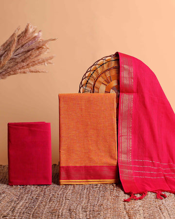 Women's Traditional Cotton Handloom Unstitched Salwar Suit Set Top 2.5m, Pant 2m, Dupatta 2.25m with Zari Border - Orange