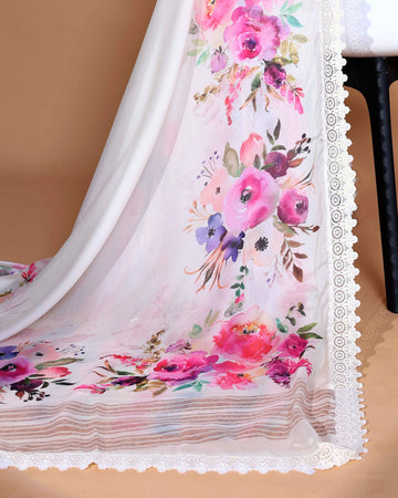 Elegant White Georgette Saree with Multicolour Floral Print