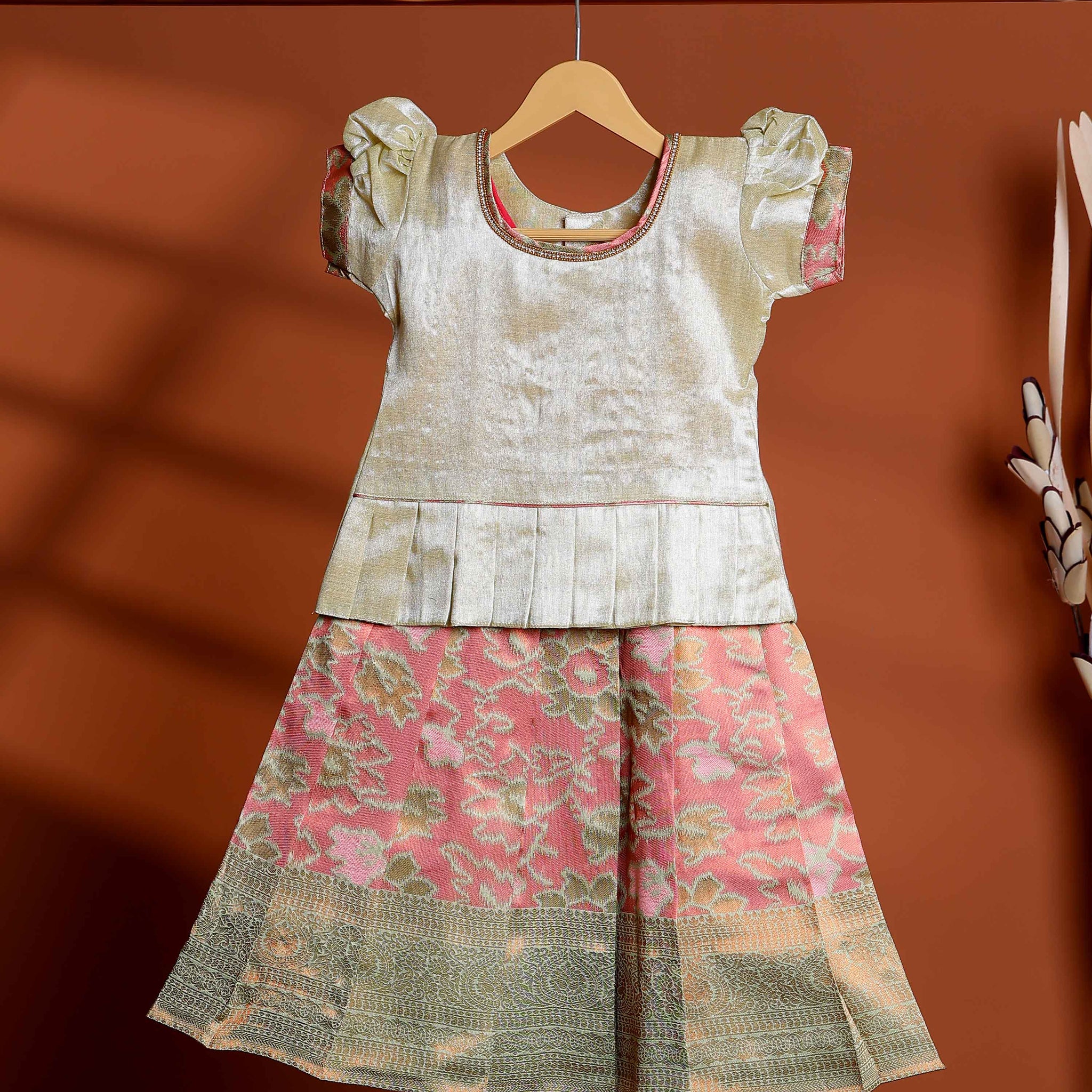 Kids Traditional Readymade Pattu Pavadai Set with Puff Sleeve Blouse and Brocade Floral Silk Skirt - Green