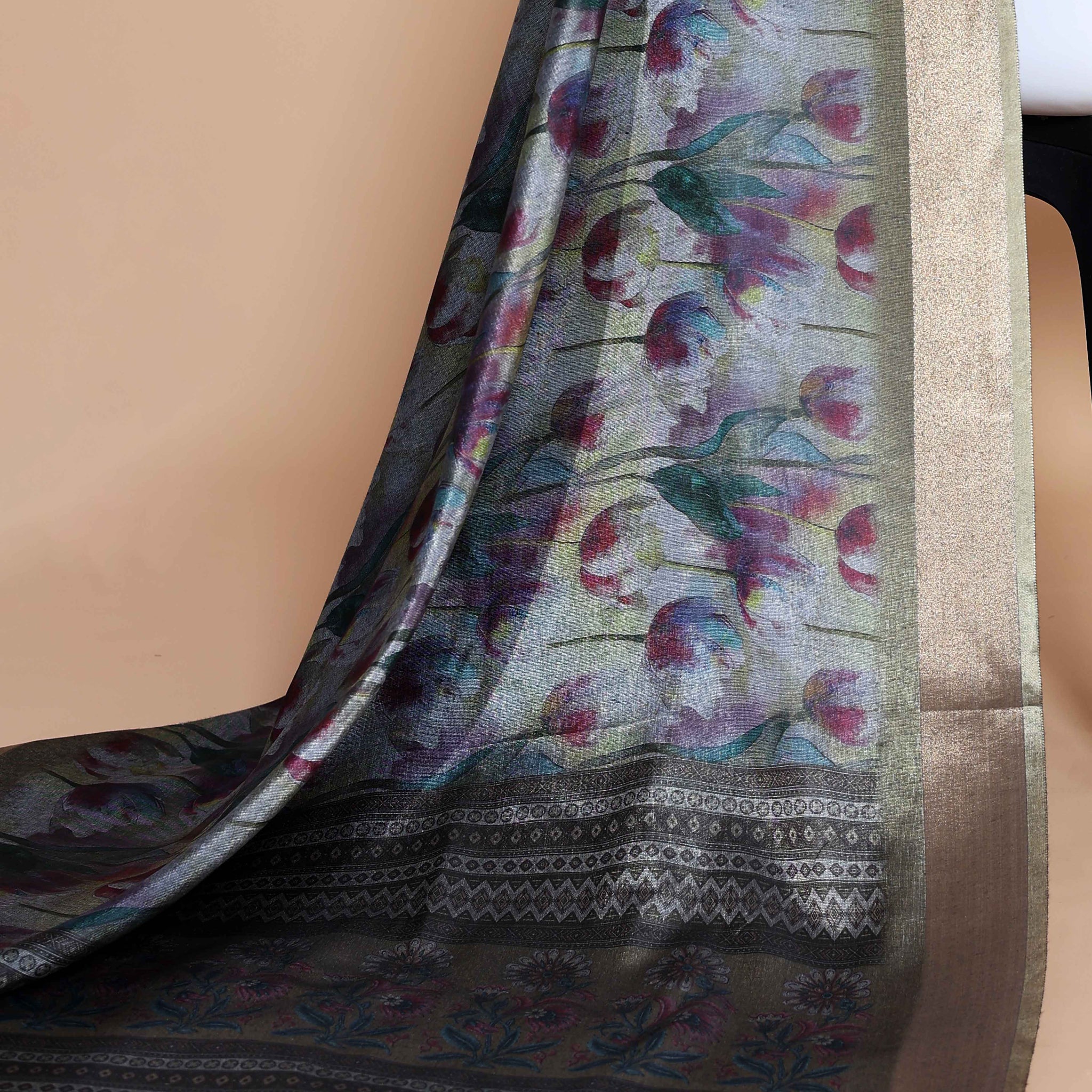 Grey Art Silk Saree with Intricate Floral and Geometric Weave Pattern