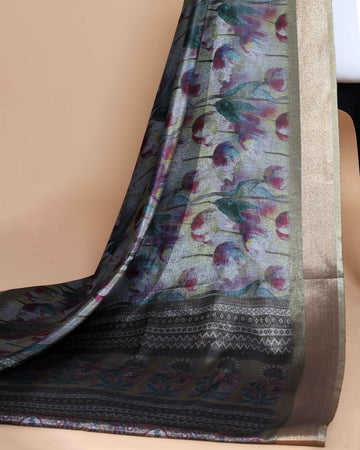 Grey Art Silk Saree with Intricate Floral and Geometric Weave Pattern