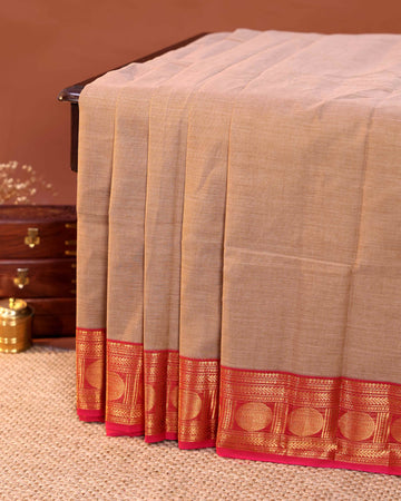 Elegant Handloom Chettinad Cotton Saree with Plain Body and Zari Woven Ganga Jamuna Border - Beige