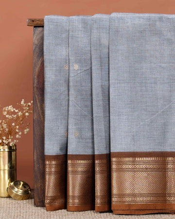Elegant Handloom Chettinad Cotton Saree with Subtle Body Motifs and Traditional Zari Woven Border - Grey