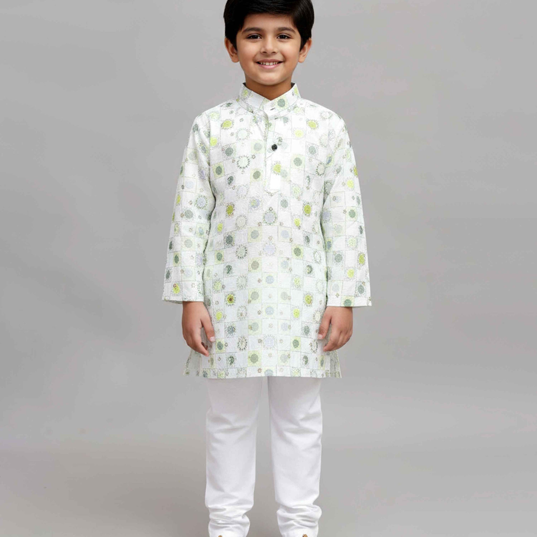 Boys White kurta with green floral and geometric prints, paired with white Pant